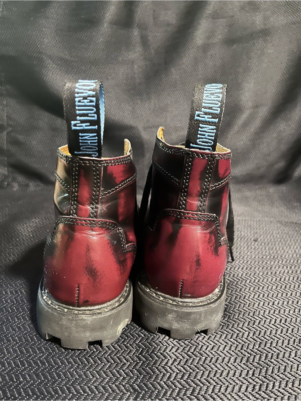 John Fluevog Burgundy Black Leather Combat Boots Size W8 (UR Powerful) - Picture 3 of 10
